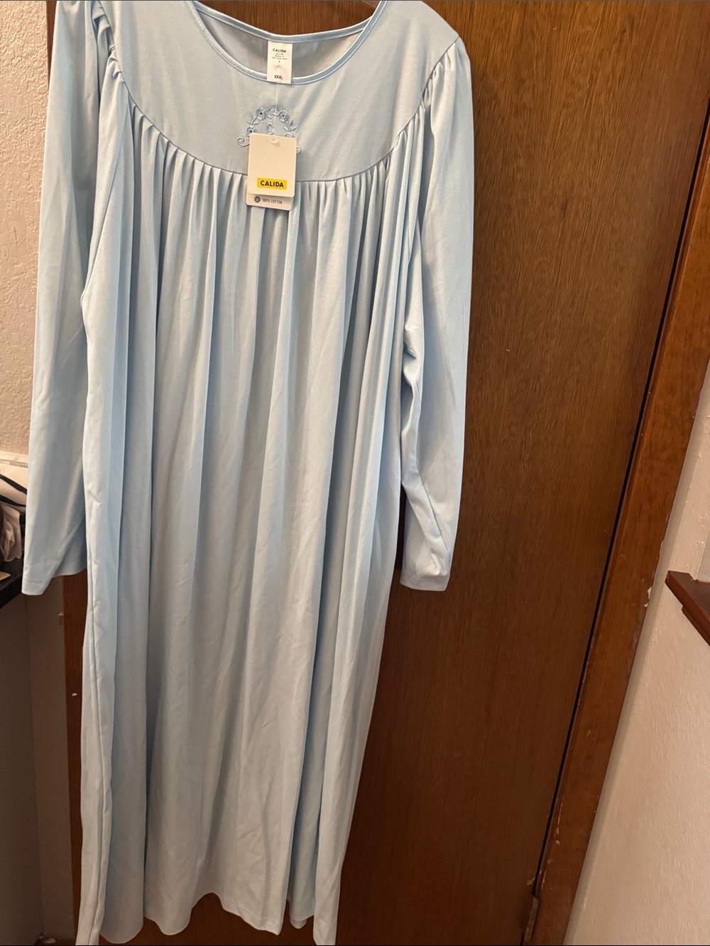 Calida Women's Light Blue Long-Sleeve Nightgown Chemise 100% Cotton